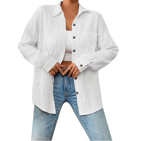 Blouses For Women Long Sleeve Collar Drop Shoulder Pocket Patched Shirt