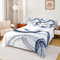 Homewish Abstract Stripes Lines Queen Sheet Sets,Minimalist Geometric Graffiti Flat Sheet,White Gray Blue Queen Fitted Sheet For Boys Teens,Ultra Soft Home Decor,4 Pieces