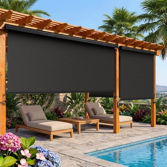 Aluminum 4'W x 6'H Outdoor Roller Shade, Thick Roll Up Shade Fabric for Higher Durability, Thick Integrated Patio Shade Pole for Better Wind Resistance, 95% UV Black Crank Shade with Valance & Bungee