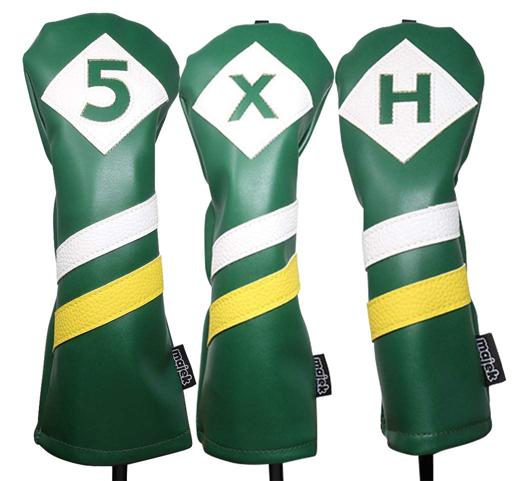 Majek Retro Golf Headcovers Green White and Yellow Vintage Leather