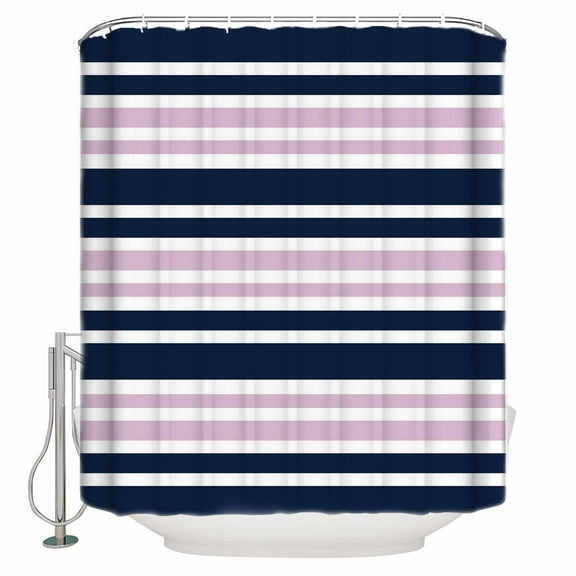 Extra Long Shower Curtain 72x84 Inch, Navy Blue Pink Striped Shower Curtain Waterproof Bathroom Decor Gradient Horizontal Lines Fabric Bath Curtain Set Accessories with Hooks