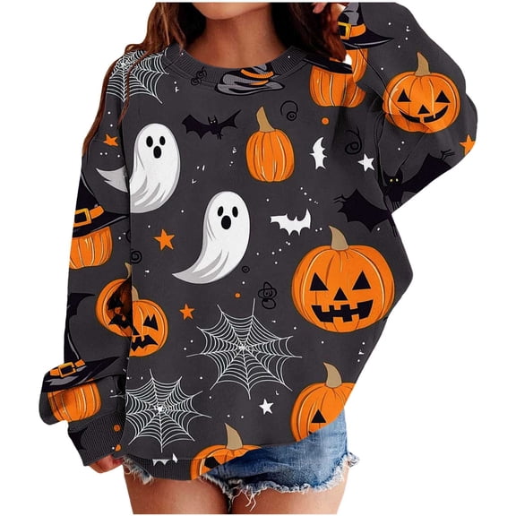 cocolona Halloween Printed Sweatshirt for Girls Oversized Crew Neck Long Sleeve Pullover Shirts Fall Fleece Lined Cute Sweatshirts