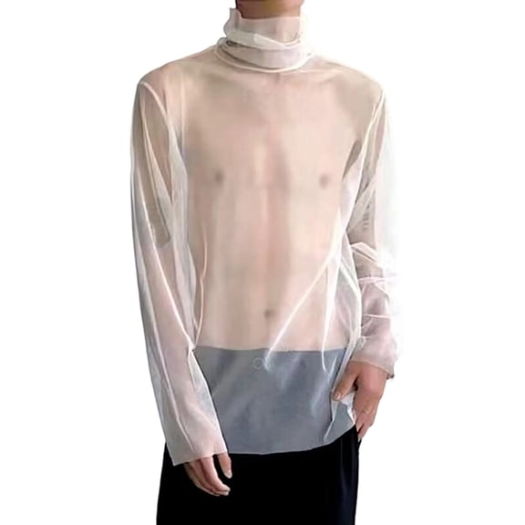 Bibifish Men's See Through T Shirt Turtleneck Mesh Long Sleeve T Shirt Slim Fit Stretch Undershirts Party Club Tops