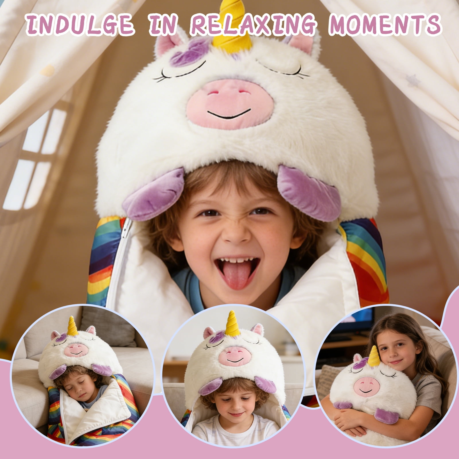 Kids Unicorn Sleeping Bag with Pillow - 2-in-1 Foldable, All Seasons, Soft & Warm (45"x19")-WHITE