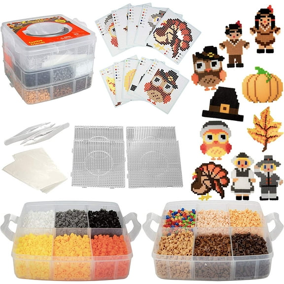 8,000pc DIY Thanksgiving Fuse Bead Craft Kit - 15 Colors, 10 Unique Templates, 4 Peg Boards, Tweezers, Ironing Paper, Case - Works w Perler Beads, Pixel Art - Perfect Thanksgiving Party Craft kit
