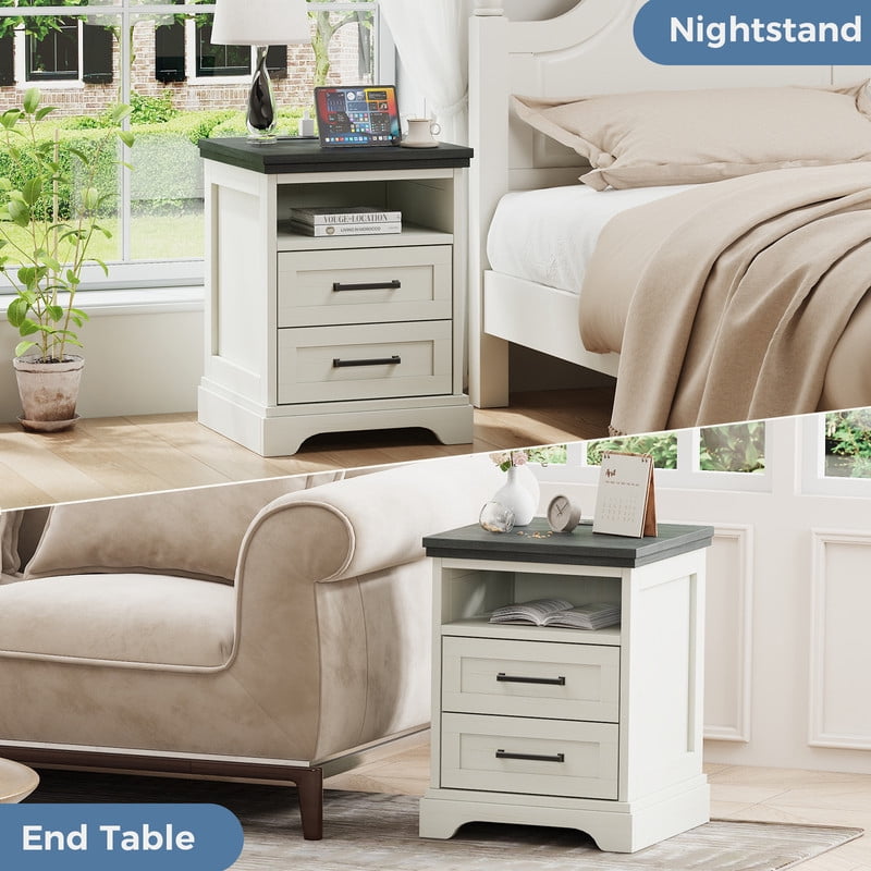 Gianna Nightstand with Charging Station, Farmhouse Bedside Table with 2 Drawers and Open Shelf, Wood End Table, Modern Side Table for Bedroom, White