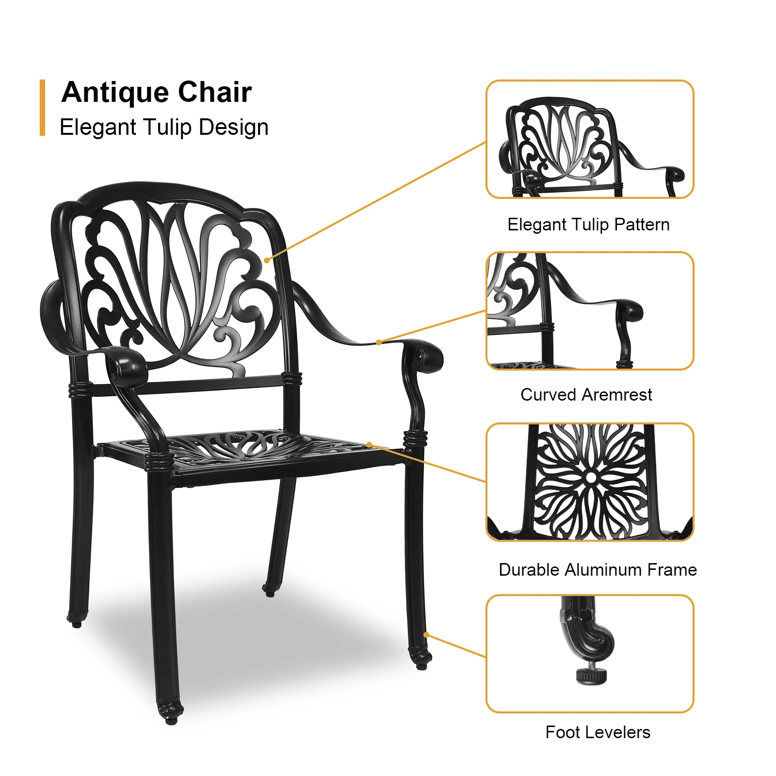 PATIO-IN Set of 2 Cast Aluminum Outdoor Dining Chairs, Stackable Arm Chairs, All-Weather Bistro Seats for Patio, Balcony, Garden, Black