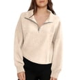 thumbnail image 2 of Womens Casual Long Sleeve Drawstring Sweatshirt Pullover Tops Loose Oversized Clothes, V-Neck Zipper Design Fall Winter Fashion for Comfortable and Stylish Wear,Beige,M, 2 of 7