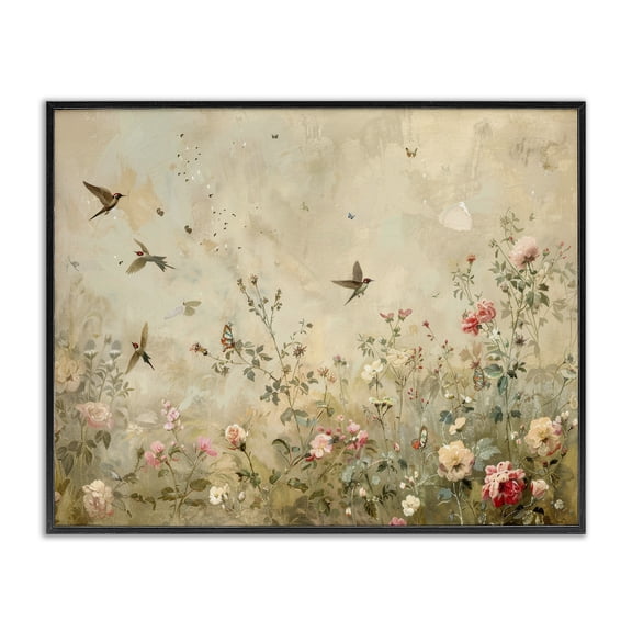 Stupell Industries Swallows in Flower Meadow Plants & Flowers Painting Black Framed Art Print Wall Art, 14 x 11