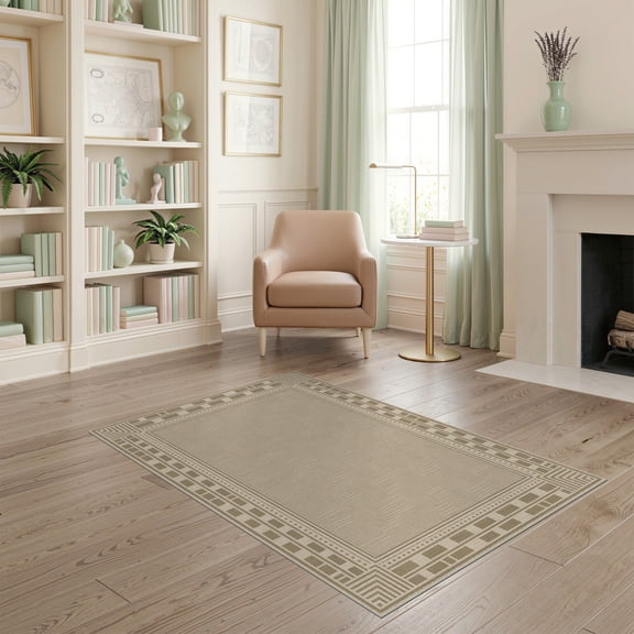 ODIKA 4'x6' Beige Geometric Border Striped Washable Area Rug Multi-Layer Frame Pattern with Corner Motifs Stain Resistant, Low Pile, Easy Care for Dorm Room, Small Living