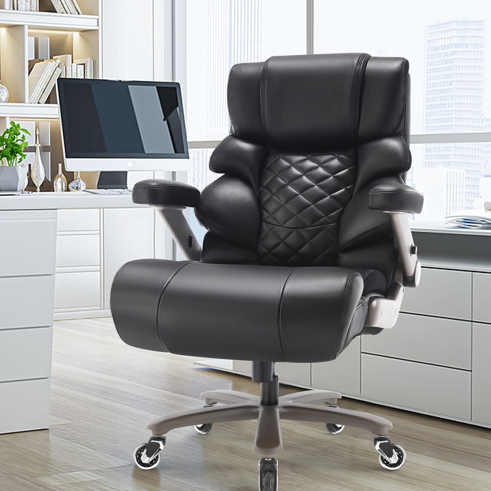 WOSDOM Big and Tall Office Chair 700lbs, Large High Back Executive Chair with Extra Wide Seat, Heavy Duty Rocking Computer Chair, 3D Flip Arms, Adjustable Lumbar Support, Black