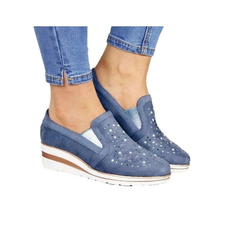 

UKAP Ladies Loafers Rhinestone Wedges Slip On Shoes Lightweight Wedge&platform Sneakers Women s Low Top Casual Blue 7.5