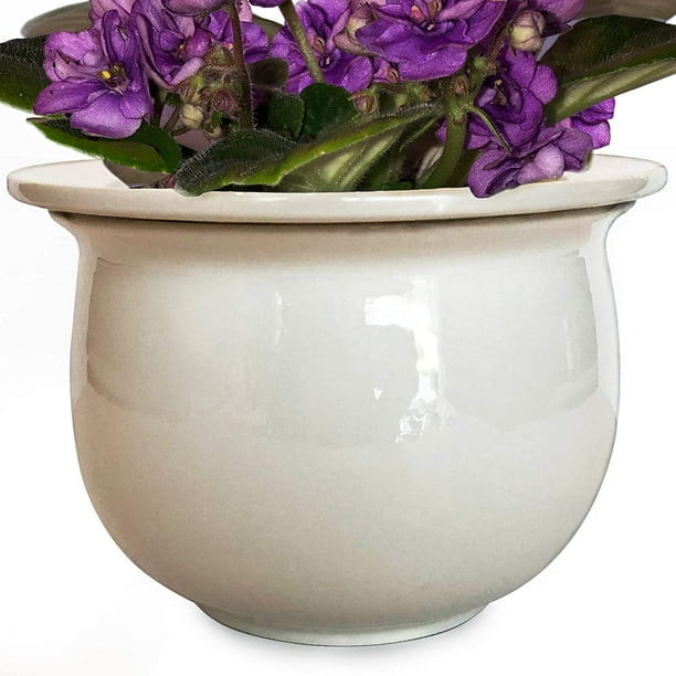 African Violet Pot Ceramic 6.5”W x 4.6”H Self Watering Planter for Indoor Flowers and Plants