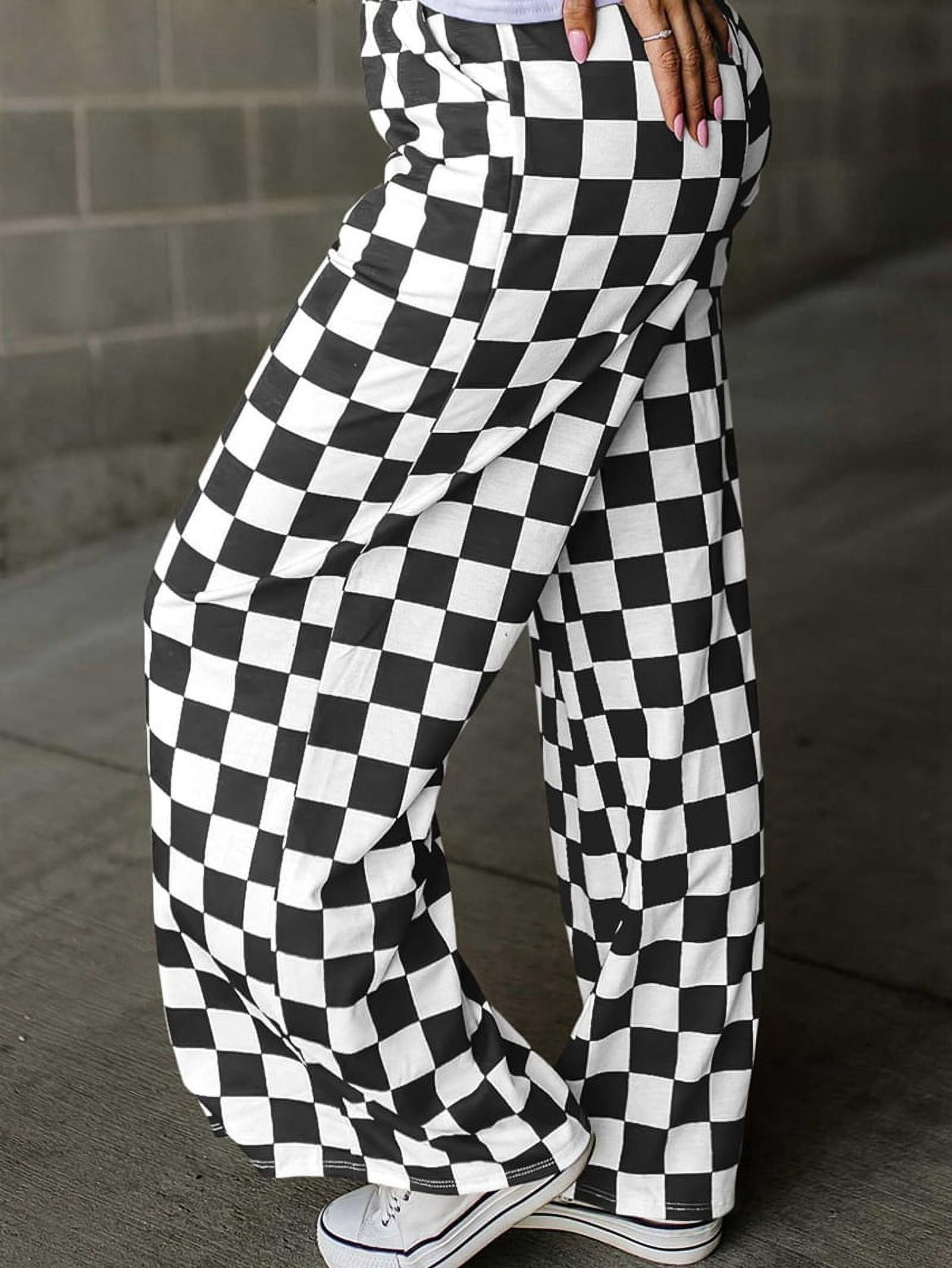 Women's Checkered Pants Wide Leg with Elastic Waist & Pockets Comfortable Casual