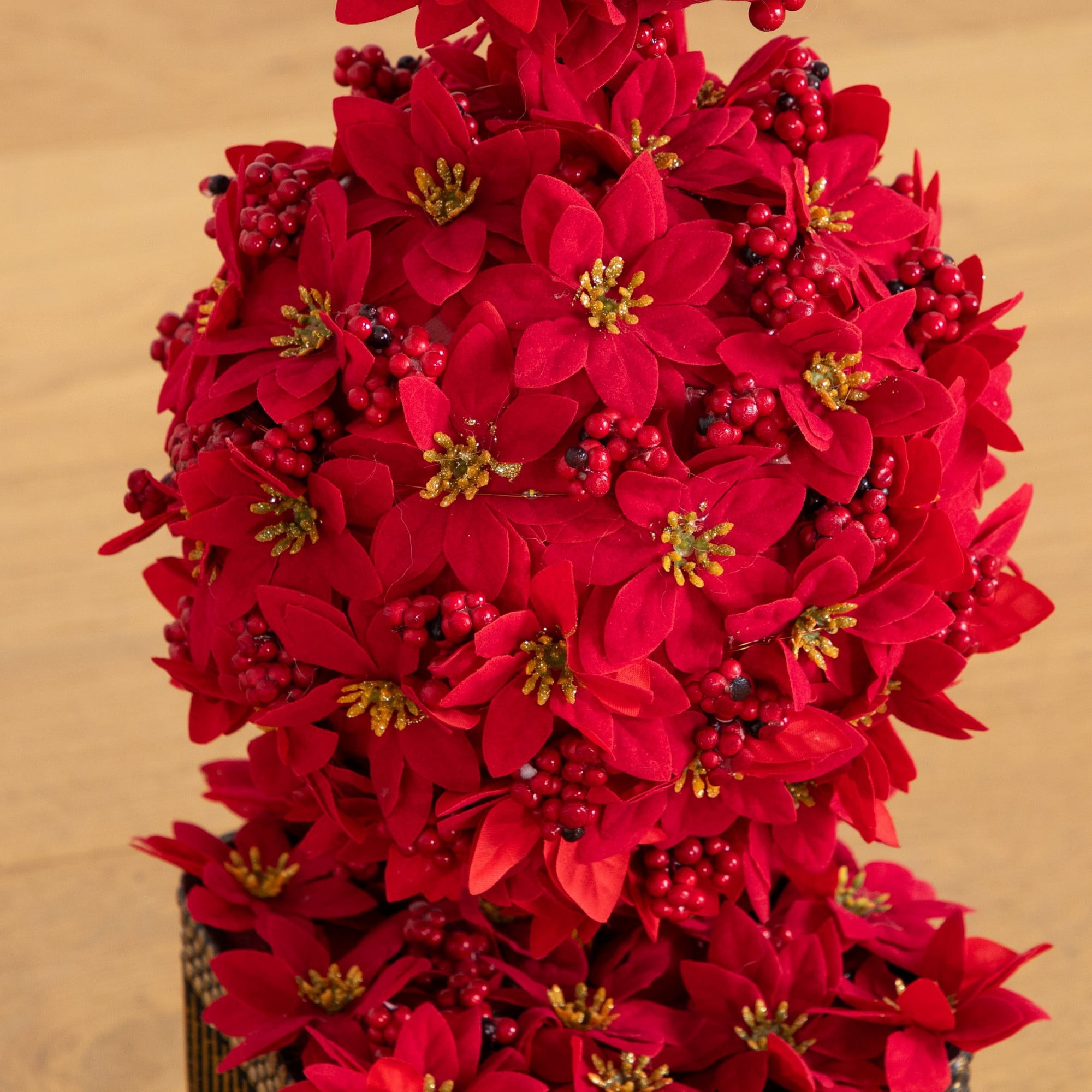 31in. Pre-Lit Artificial Christmas Poinsettia Triple Ball Topiary Tree with 45 LED Lights in Decorative Planter