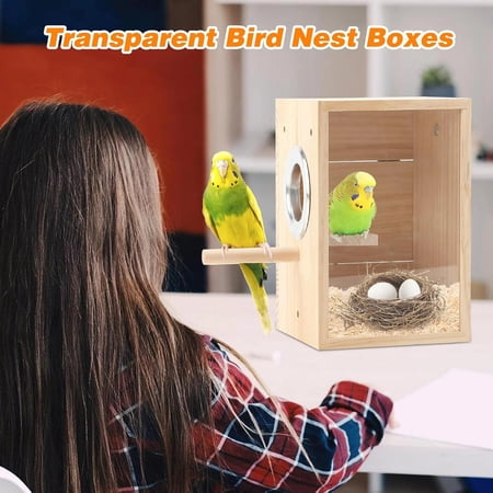 1Pc Transparent Bird Nest Box, Wooden Long-Tailed Parakeet Nesting Box With Perch, Upright Breeding House For Parakeets, Finches, Canaries, Lovebirds And Other Small Birds