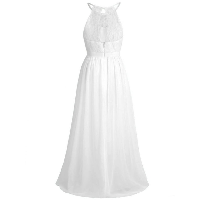 Raenseen Kids Flower Girl Halter Lace Chiffon Dress Juniors Bridesmaid Wedding Formal Dress Party White 14