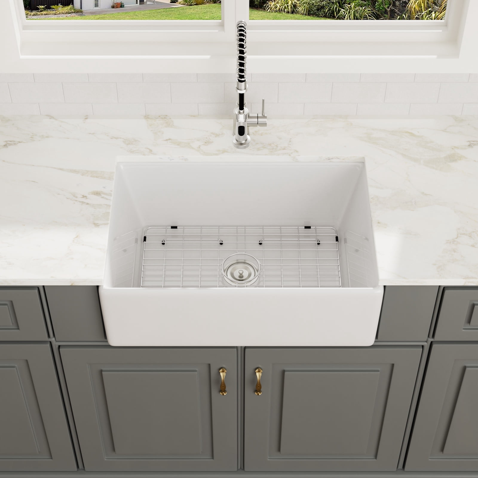 30"x 20" Rectangular Fireclay/Creamic Single Bowl Farmhouse Apron Kitchen Sink with Bottom Grid and Drain Strainer