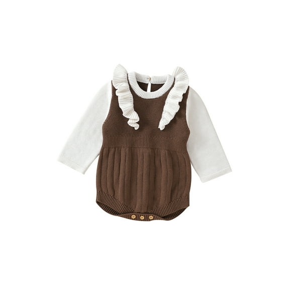 Qmyliery Infant Baby Girls Knit Rompers, Long Sleeve Crew Neck Ruffle Snap Jumpsuits for Spring Autumn