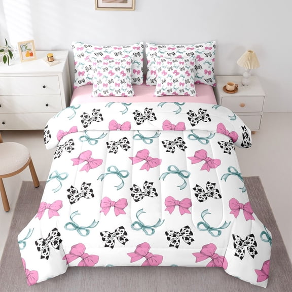 Homewish Cartoon Bow Tie 7-Piece Twin Bedding Set - Blue Pink Cow Print