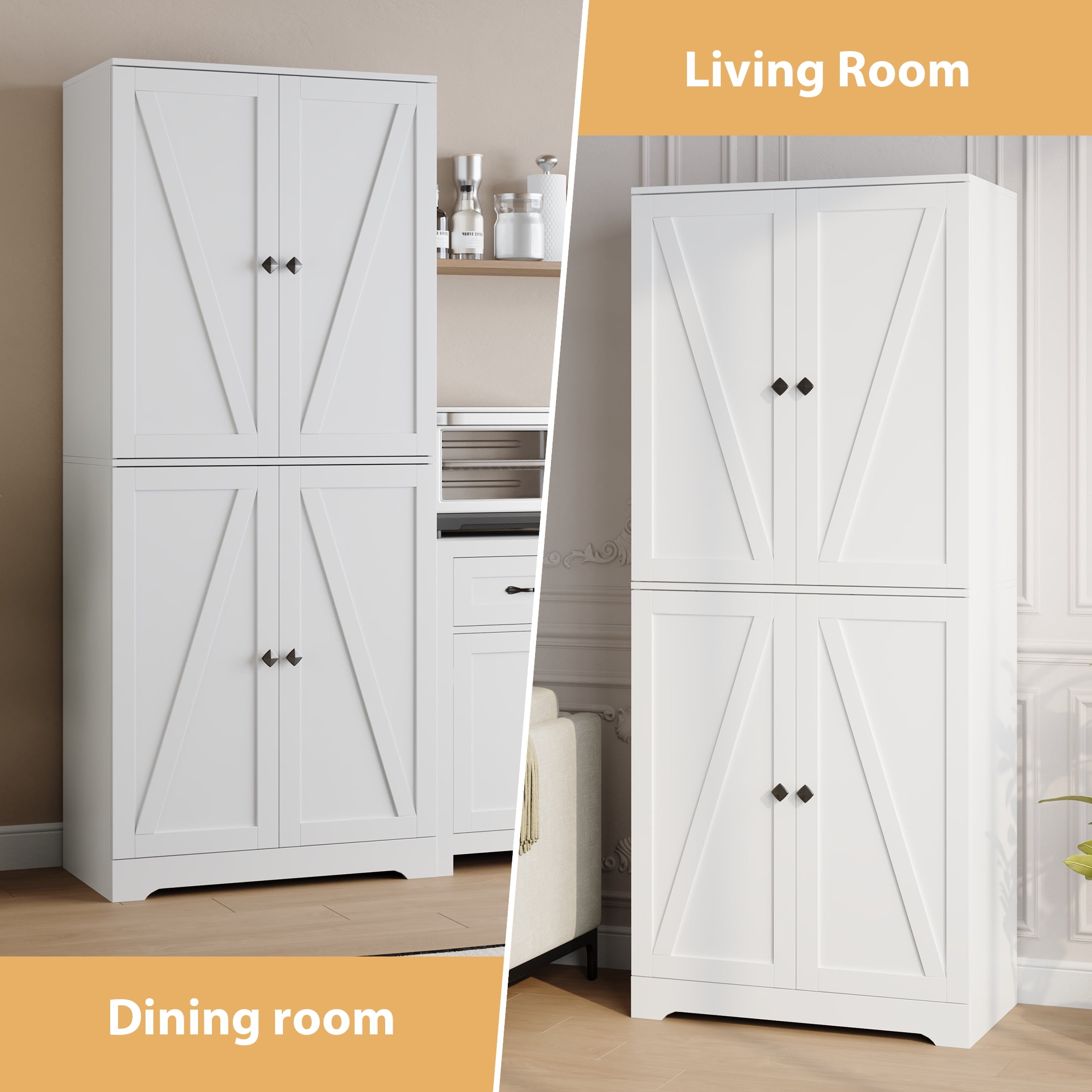 YouTrend 72'' Farmhouse Kitchen Pantry Cabinet with 4 Barn Doors,Storage Cabinet W/ 4 Shelves for Living Room,Kitchen,Bathroom,Office,White