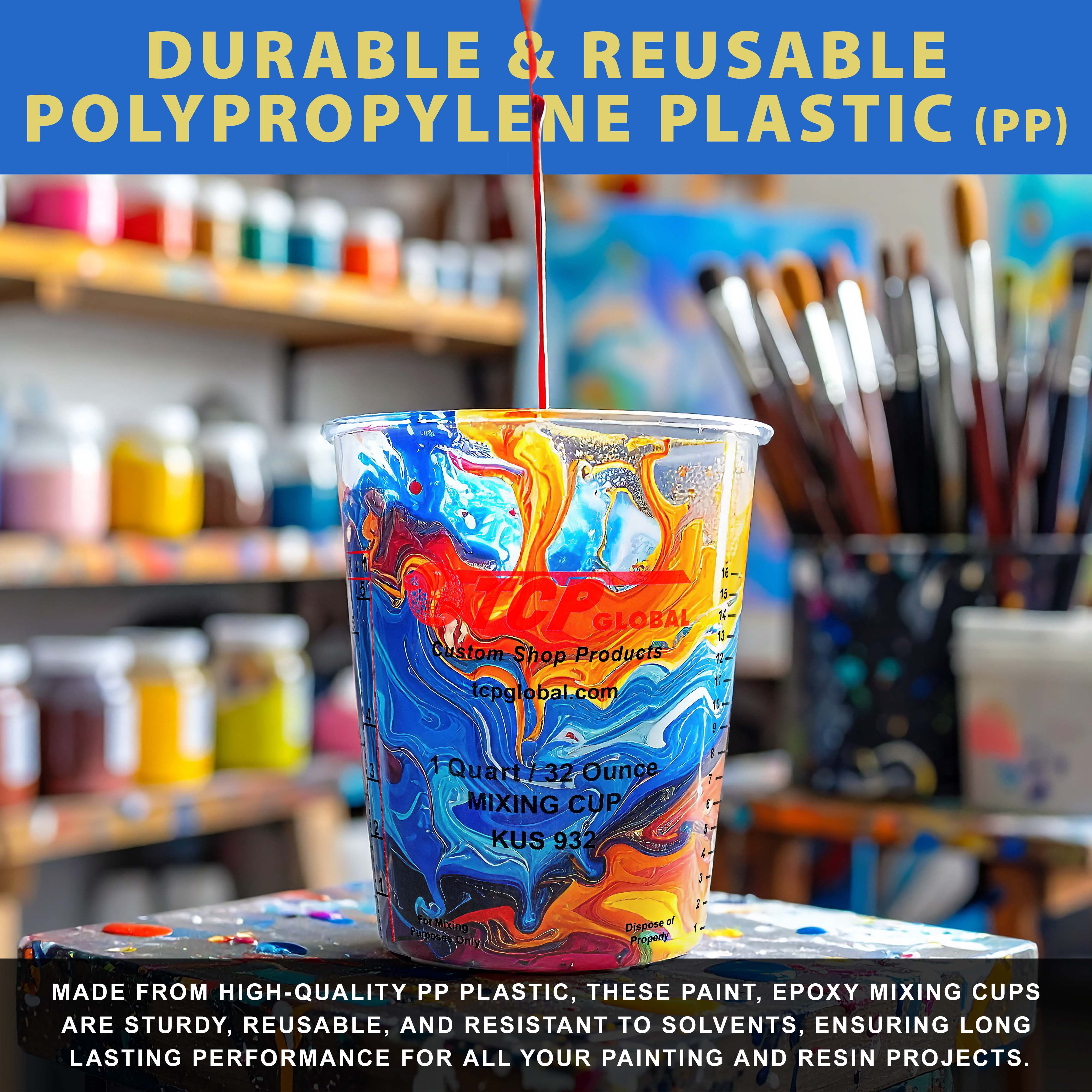 Custom Shop Paint Mixing Cups Plastic Measuring Cup Epoxy Resin, Disposable or Reusable, 32-Ounce (Quart) - Pack of 36 - Graduated, Mixing Ratios, Automotive Painting Acrylic Art Crafts
