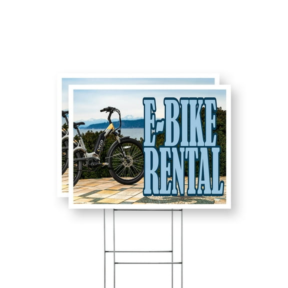 E Bike Rental Yard Sign 2 Pack of 18 Inch x 24 Inch Single Sided Weatherproof Heavy-Duty Plastic with Stake | Eco-Friendly Travel, Outdoor Adventures, Local Shops | Made in USA