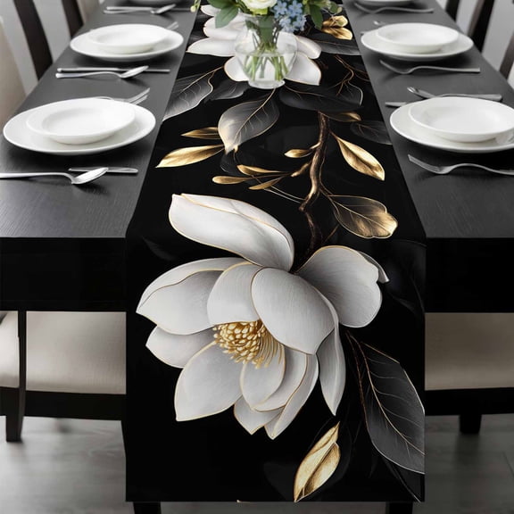 Gorgeous Flowers Table Runner 90 Inches Long, White Gold Floral Botanicals Black Kitchen Coffee Dining Table Decoration for Home Party Birthday Wedding Home Decor 13x90 Inches