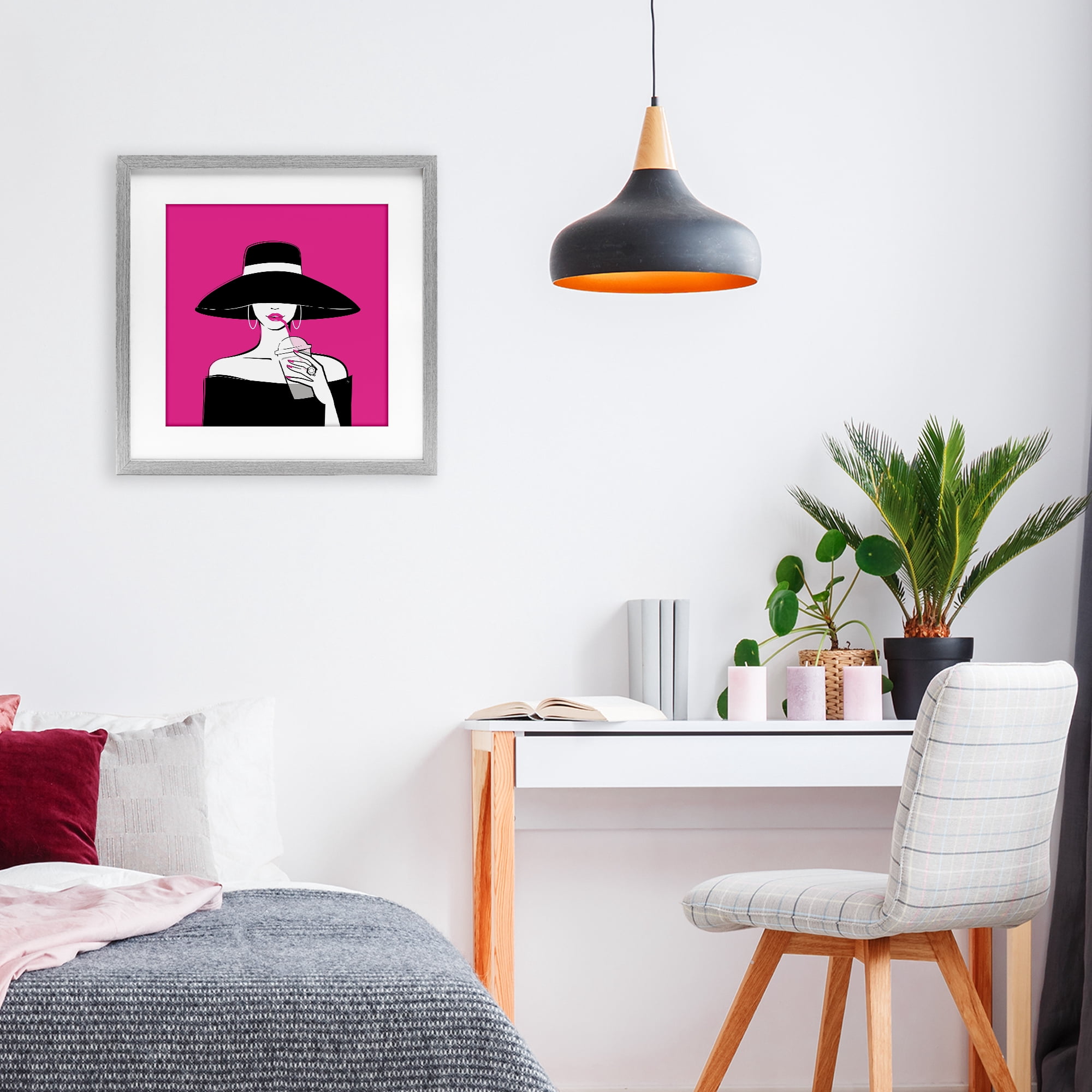 Stupell Industries Black Hat Glamourous Woman Gray Framed Print Under Glass, design by Martina Pavlova
