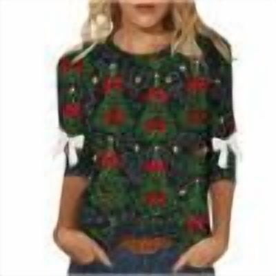 Taqqpue Women Christmas Shirts Long Sleeve Bow Round Neck Funny Xmas Tree Graphic t Shirts 3/4 Sleeve Pullover Top Ugly Christmas Sweater for Women