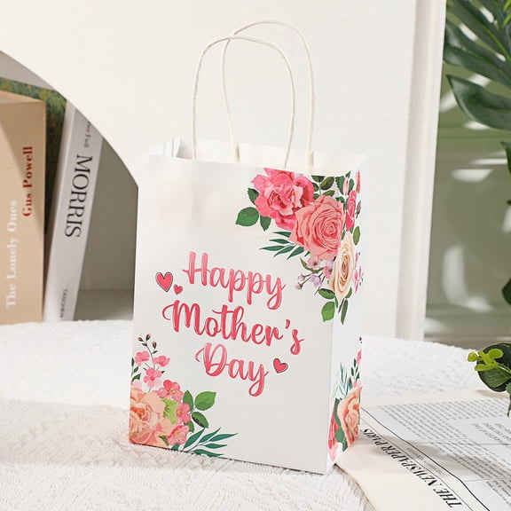 8.27" Mother's Day Gift Bags with Tissue Paper, Flower Party Bag for Mother's Day, Reusable Gift Packaging for The Best Mom Theme Party