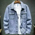 thumbnail image 5 of Chaqueta vaquera azul con botón bordado para hombre, chaqueta vaquera con letras para hombre, ropa vaquera de tela, moda elástica de bajo coste, lujo, 5 of 5