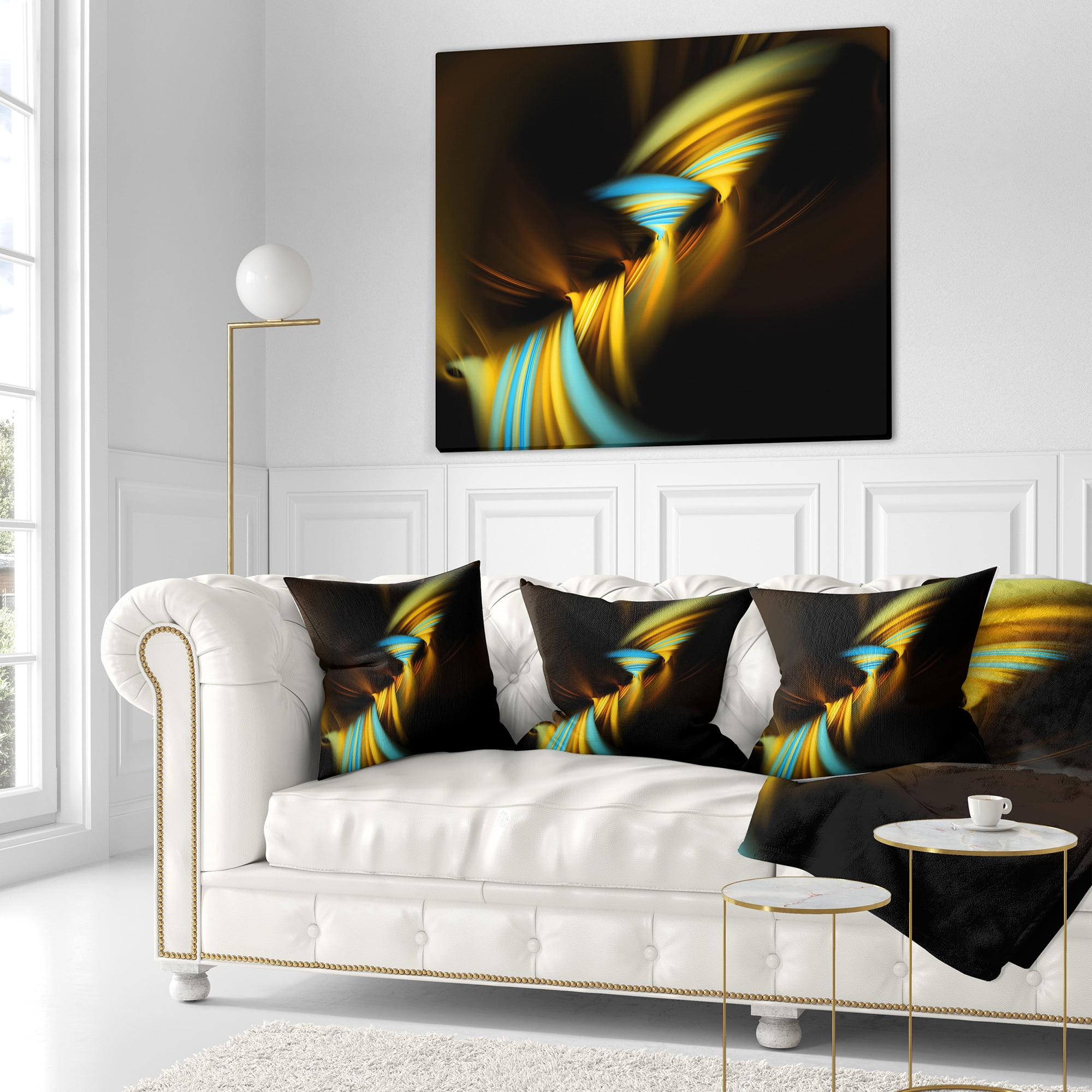 Designart Fractal 3D Layers Yellow Blue - Contemporary Throw Pillow - 18x18