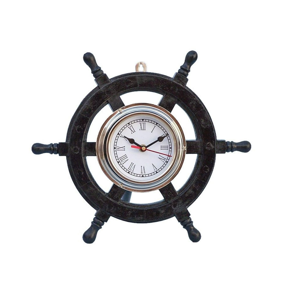 Deluxe Class Wood and Chrome Pirate Ship Wheel Clock 12" Wood Ship Wheel Clock
