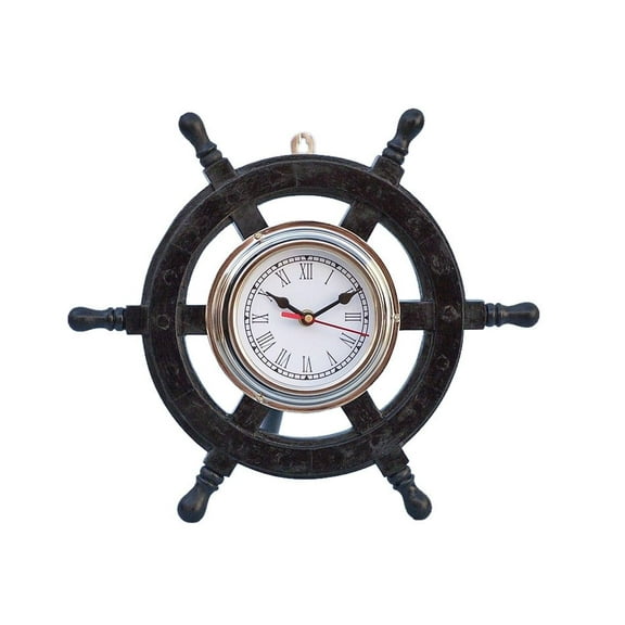 Deluxe Class Wood and Chrome Pirate Ship Wheel Clock 12" - Wood Ship Wheel Clock