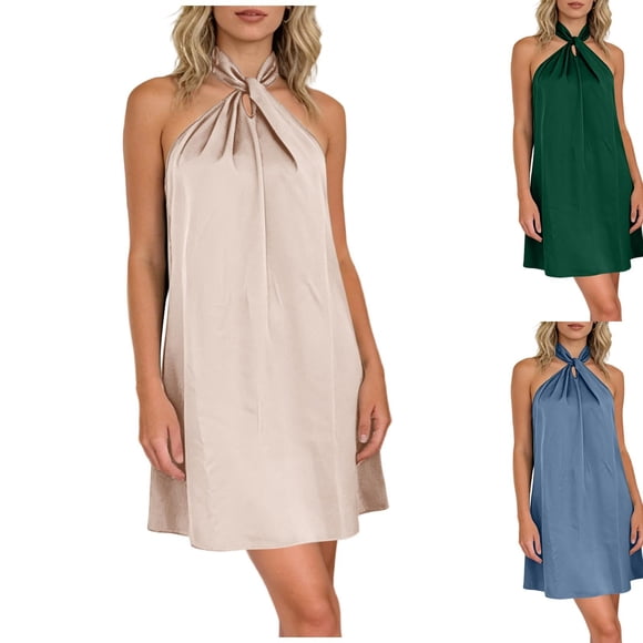 IFNWSV Midi Dresses for Women,Solid Color Satin Halter Twisted Neck Sleeveless Dress Casual Elegant Party Daily Wear,Summer Dress Gold L