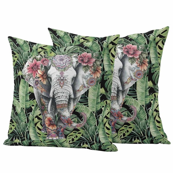 2 Pack Outdoor Waterproof Throw Pillow Covers,Abstract Ethnic Elephant Flower Leaf Decorative Square Patio Pillowcases for Chair Couch Sofa 16x16in