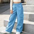 thumbnail image 2 of HAOTAGS Girls Cargo Pants (5-15) Elastic Waist Long Pants with Multi-pockets Casual Workwear Light Blue Size 10, 2 of 2