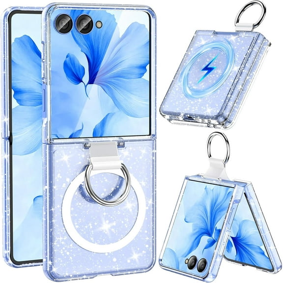 for Samsung Galaxy Z Flip 7 Case Magnetic, Z Flip7 with Rring, [Compatible with MagSafe] Military Drop Protection, Glitter Bling Sparkly Slim Fit Hard PC Rugged Case for ZFlip 7, Glitter Clear