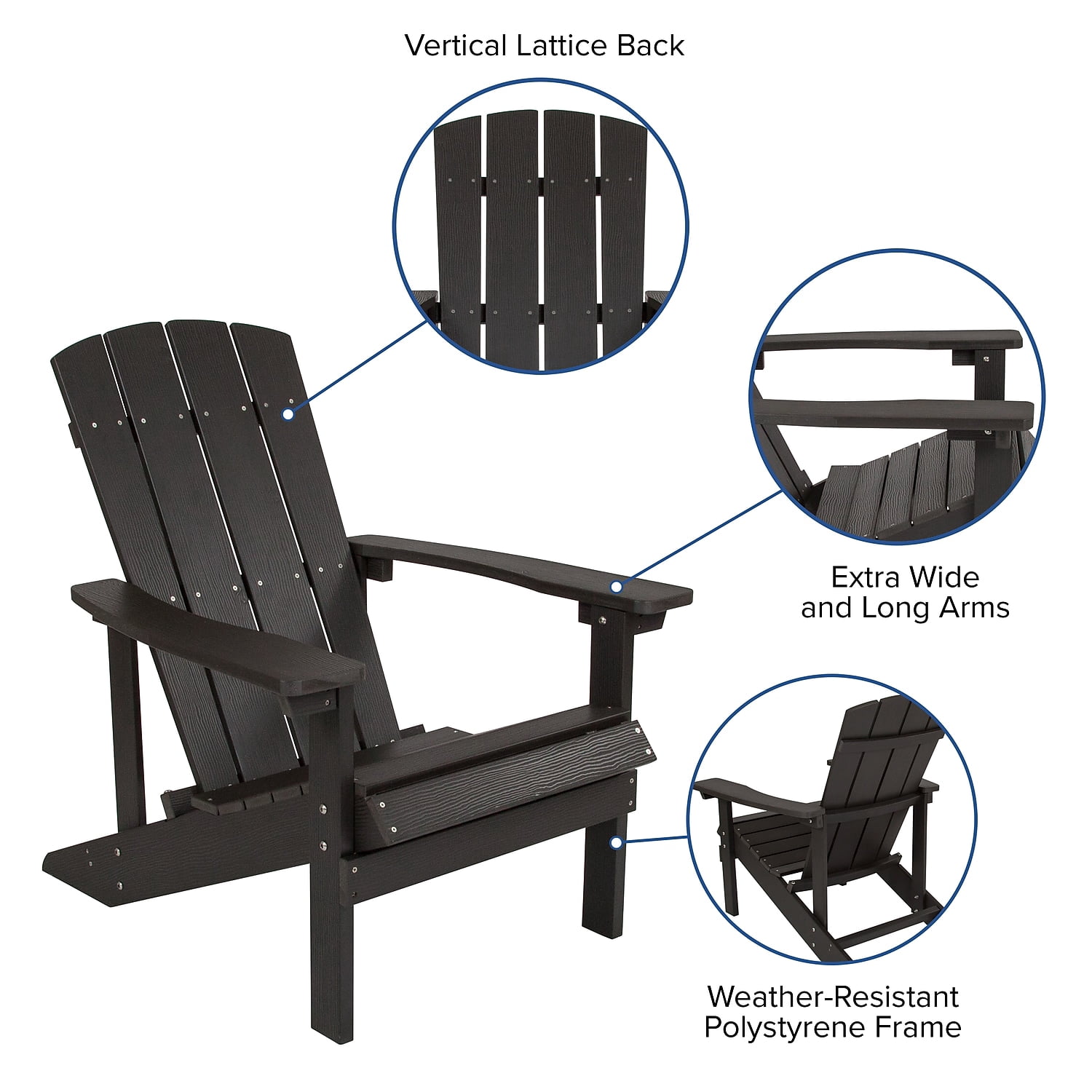 Flash Furniture 2 Pack Charlestown All-Weather Poly Resin Wood Adirondack Chairs with Side Table in Black
