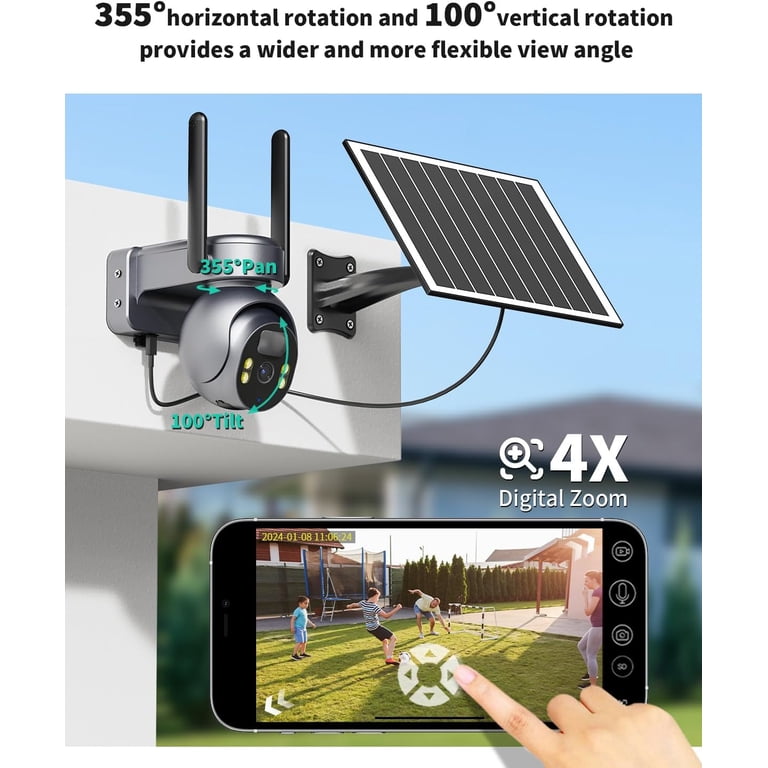4G LTE Solar Security Camera Wireless Outdoor - No WiFi Needed, 2K Color Night Vision, 360° View, PIR Motion Detection