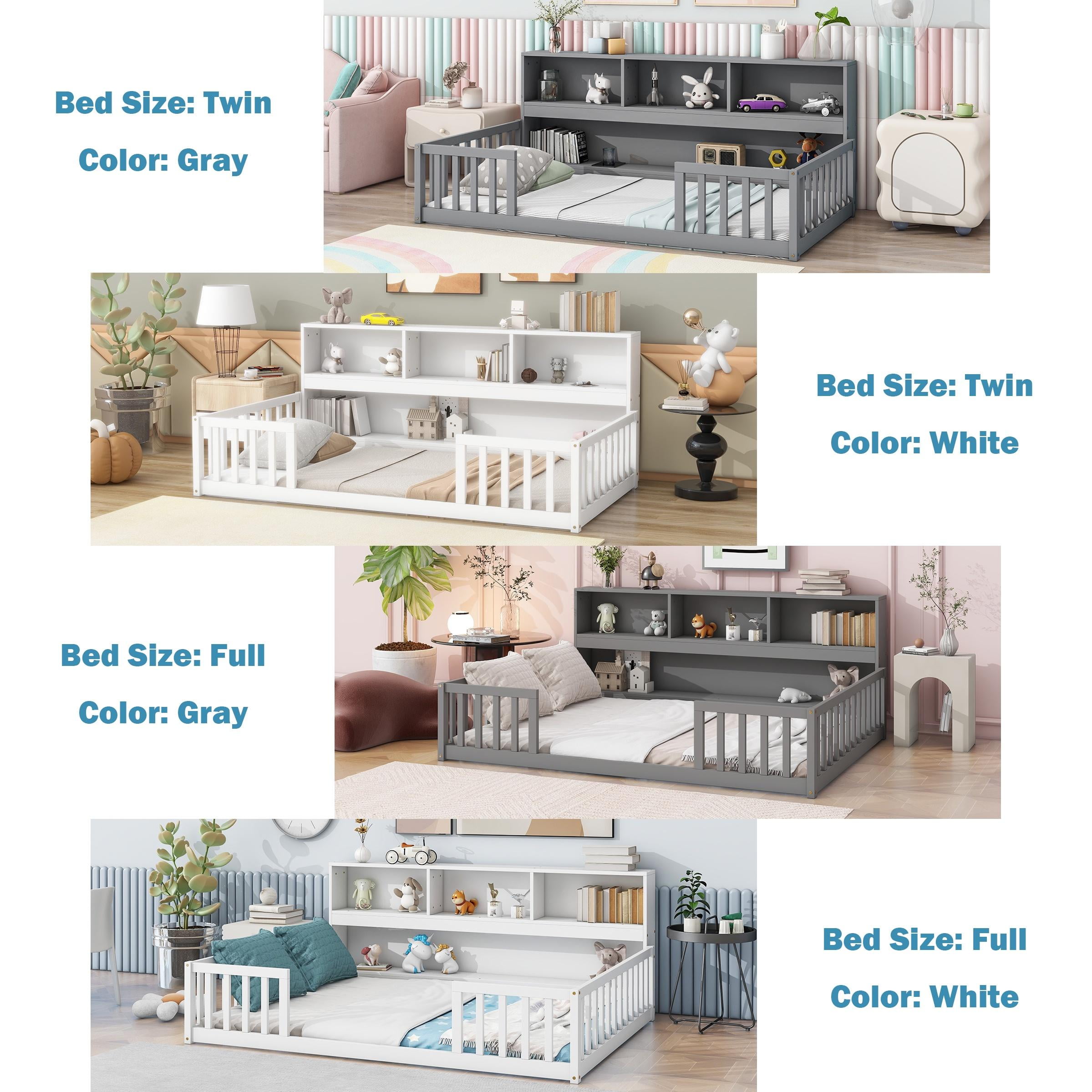 Bellemave Twin Size Floor Bed Frame with Fence and Bookcase Wood Floor Bed Low Montessori Bed Frame with Storage Shelves (Twin, White)