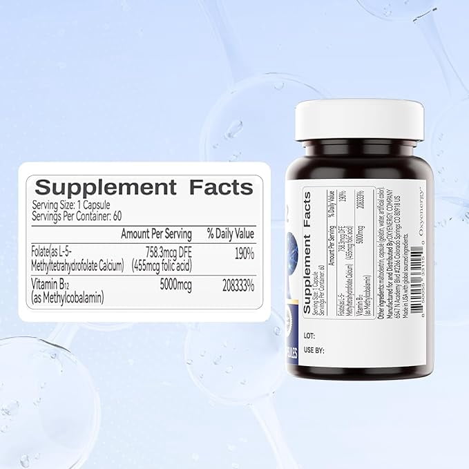 OxyEnergy Methyl Vitamin B12 5000mcg Dietary Supplement with Folate, Nerve & Energy Support, 60 Capsules