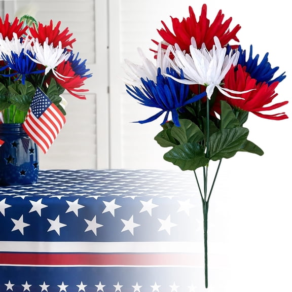 Red White Blue Artificial Chrysanthemum Bouquet, Patriotic Flowers for independence Day, Memorial Day & Home Festival Table Centerpiece Decoration