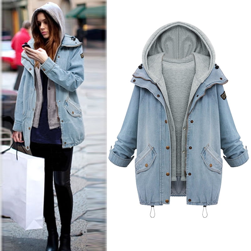 Coats Women Casual Long Sleeve Denim Hooded Jacket Long Jean Coat Outwear Clothes,Light Blue,XL,