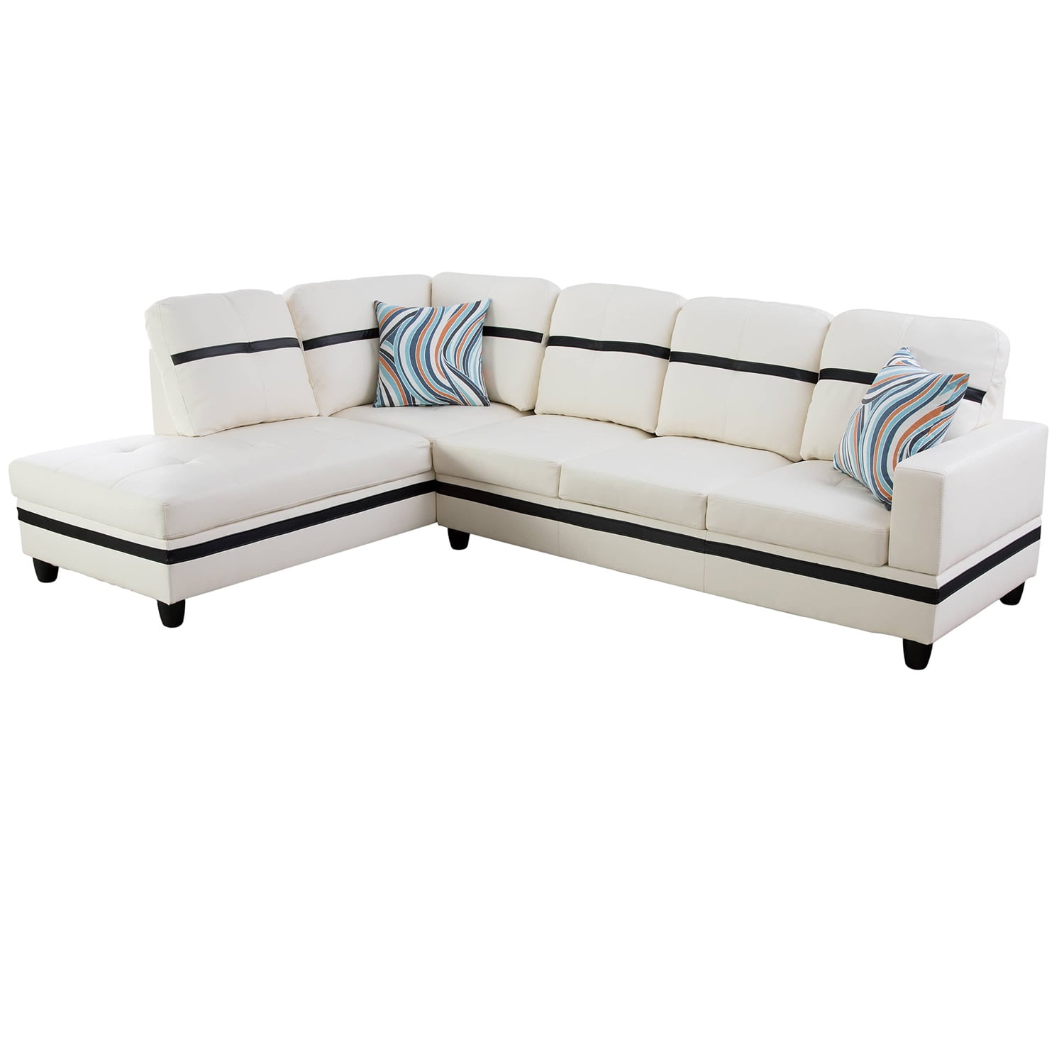Hommoo 4-Seat Semi Semi PU Synthetic Leather Sectional Sofa Sets, L Shaped Sectional Couches and Sofas with Waistline, Modern Living Room Furniture Sets, White and Black(No Ottoman)