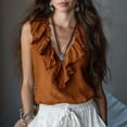 thumbnail image 2 of UDAUDU Womens Crop Tank Tops Sleeveless Ruffle Hem V Neck Shirts Casual Going Out Beach Vacation Blouses Light Brown S, 2 of 3