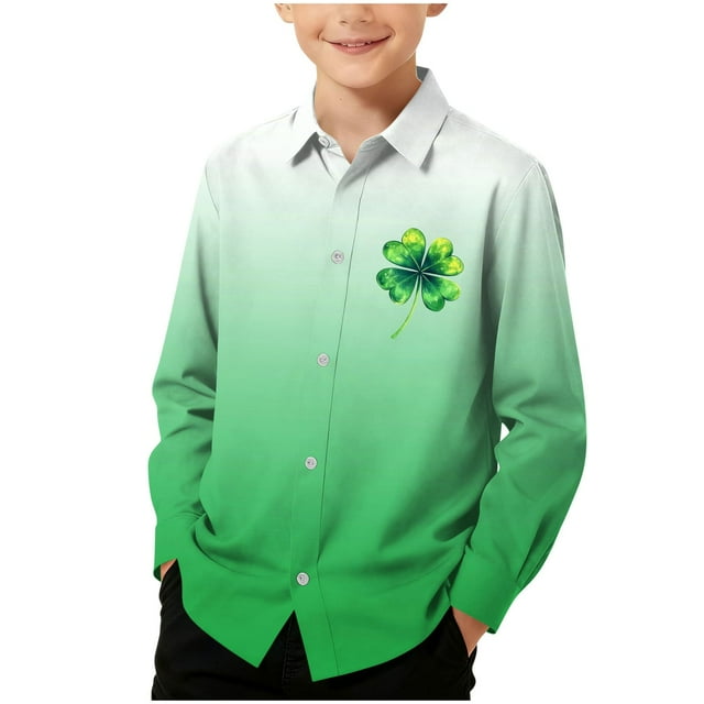 RXMEKW Chemise à Manches Longues Imprimée pour la Saint-Patrick pour Garçons avec Col Rabattu, 95 % Coton 5 % Spandex, Vert