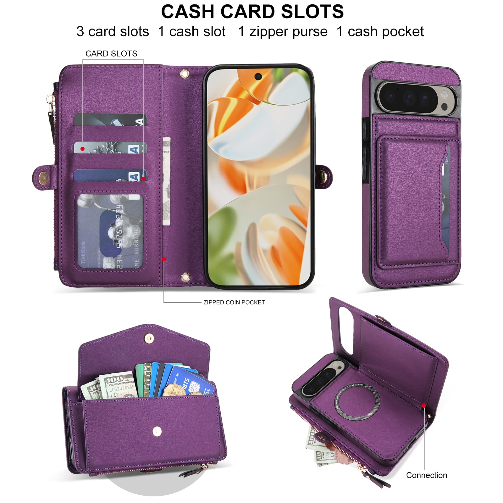 Designed for Google Pixel 8 Multi-Function Wallet Phone Case,With Shoulder Strap&Wrist Strap,Cash Pocket&Card Slots,Zipper Purse,Magnetic Detachable PU Leather Flip Phone Case,Purple