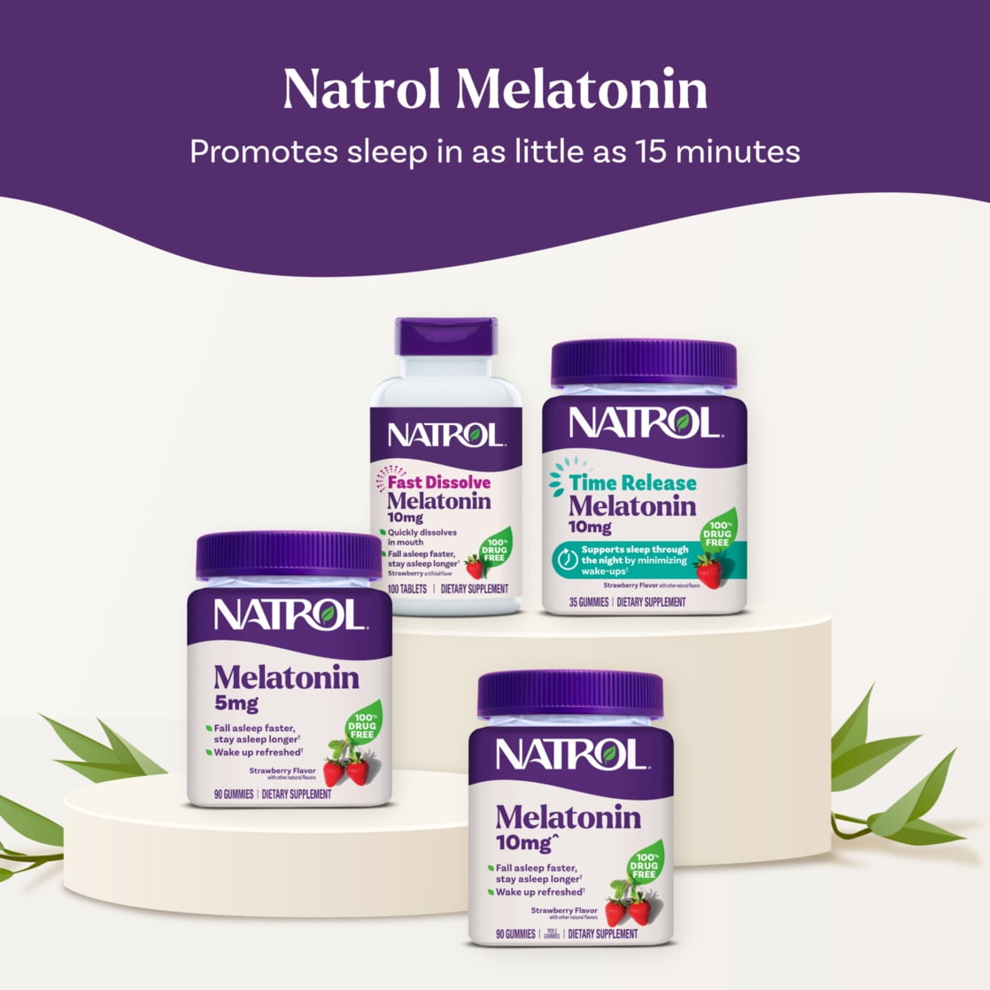 Natrol® Melatonin Gomitas, Apoyo para el Sueño para Adultos, Sabor Fresa, 10mg, 90 Unidades
